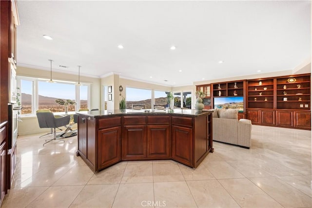 kitchen with light tile patterned flooring, recessed lighting, ornamental molding, and oven