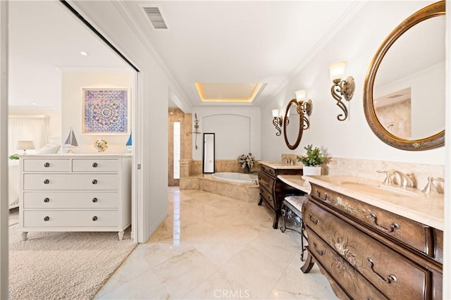 bathroom with a sink, visible vents, marble finish floor, a bath, and crown molding