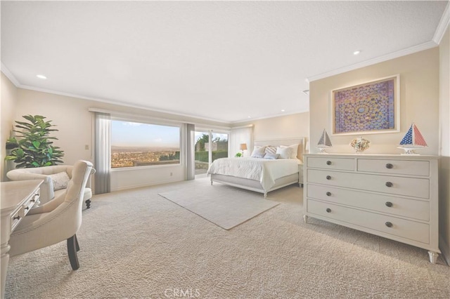 bedroom with crown molding, access to outside, recessed lighting, and light colored carpet