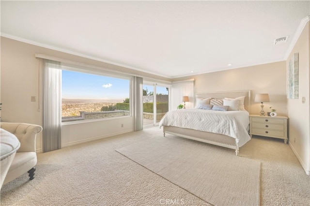 bedroom with light colored carpet, visible vents, baseboards, access to outside, and ornamental molding