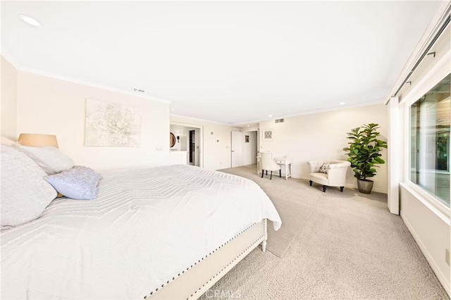 bedroom with recessed lighting, visible vents, ornamental molding, light carpet, and baseboards