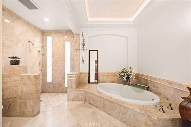 bathroom featuring a walk in shower, visible vents, ornamental molding, a bath, and a tray ceiling