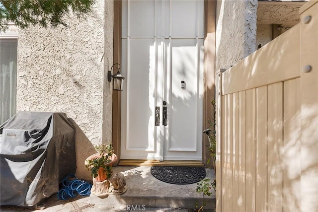 view of exterior entry featuring stucco siding