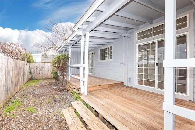 wooden terrace with a fenced backyard