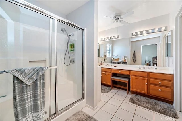 ensuite bathroom featuring double vanity, a stall shower, ceiling fan, tile patterned floors, and ensuite bathroom