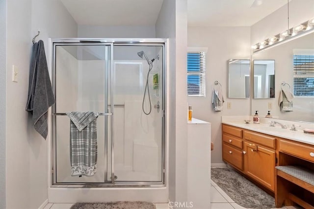 full bath with tile patterned flooring, a shower stall, and vanity