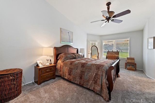 bedroom featuring light carpet, baseboards, and a ceiling fan