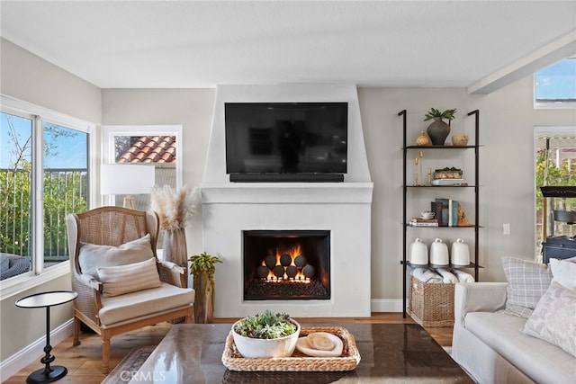 living room featuring a warm lit fireplace, baseboards, and wood finished floors