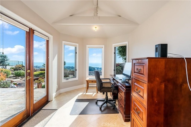 home office featuring lofted ceiling with beams, baseboards, and french doors