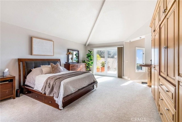 bedroom featuring lofted ceiling with beams, light carpet, baseboards, access to outside, and french doors