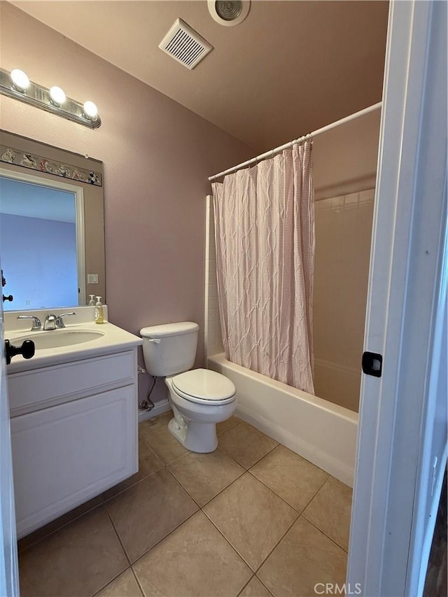 full bathroom featuring visible vents, shower / bathtub combination with curtain, toilet, vanity, and tile patterned flooring