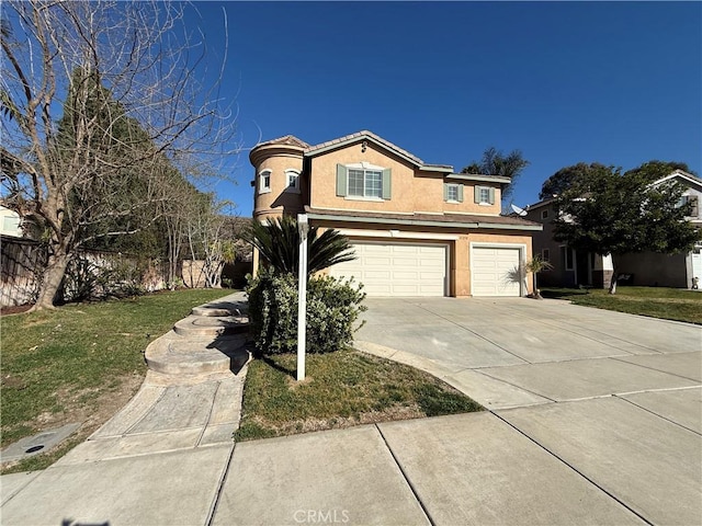 traditional home featuring a front lawn, concrete driveway, an attached garage, and stucco siding