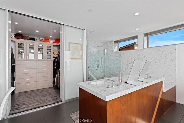 full bath featuring tile patterned flooring, vanity, decorative backsplash, and recessed lighting