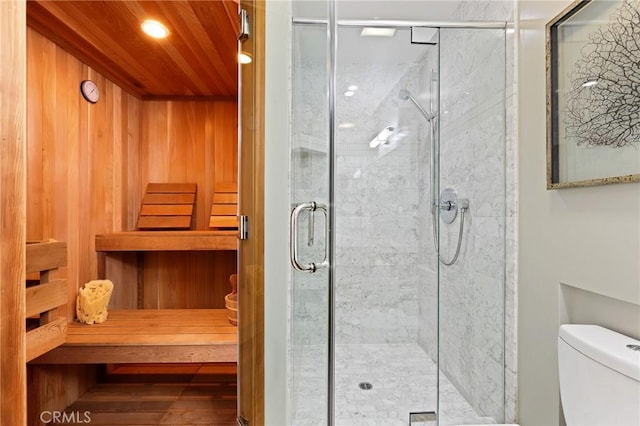 bathroom with toilet, a sauna, and a shower stall