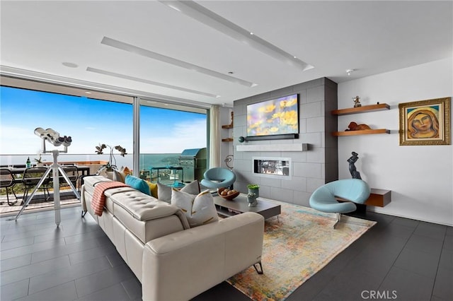 living room with expansive windows and a fireplace