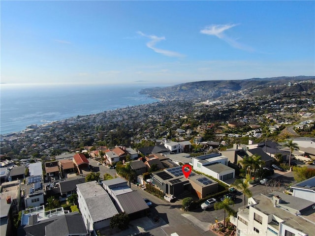 aerial view featuring a water view and a residential view