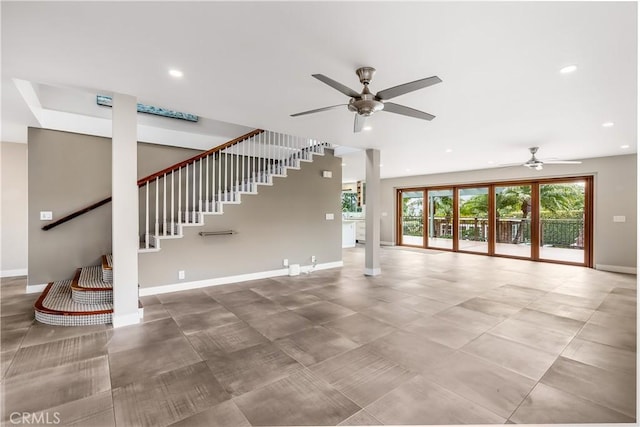 unfurnished living room with stairs, recessed lighting, baseboards, and ceiling fan