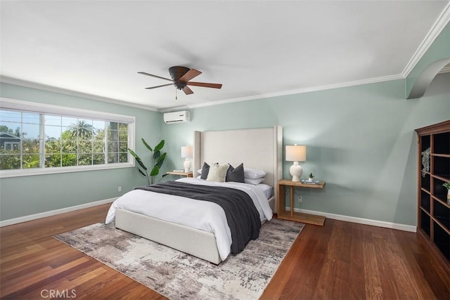 26925 Calle Dolores, Dana Point, CA 92624 - bedroom with a wall unit AC, wood finished floors, crown molding, and ceiling fan