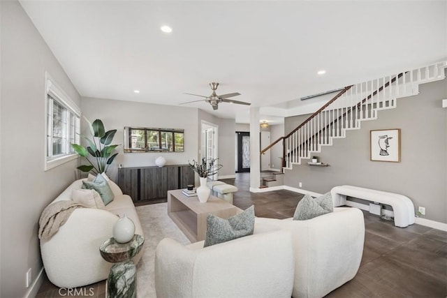 26925 Calle Dolores, Dana Point, CA 92624 - living area with stairway, baseboards, recessed lighting, and a ceiling fan