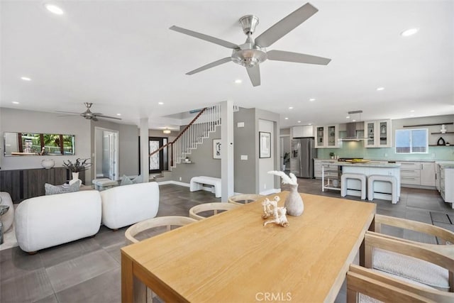 26925 Calle Dolores, Dana Point, CA 92624 - dining room featuring ceiling fan, recessed lighting, stairway, and dark tile patterned floors