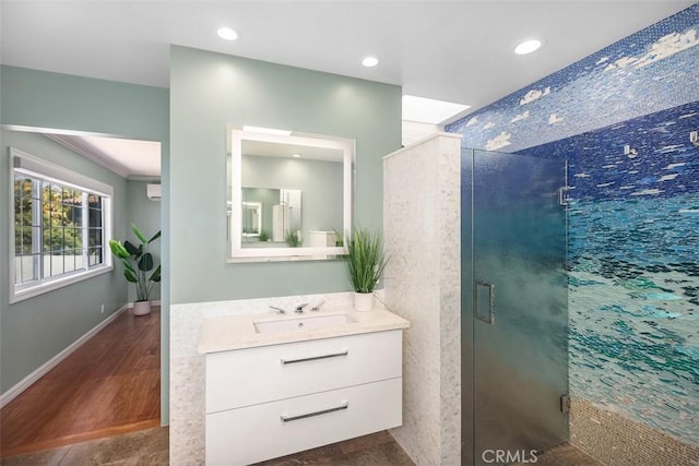 26925 Calle Dolores, Dana Point, CA 92624 - bathroom featuring a shower stall, vanity, recessed lighting, baseboards, and wood finished floors
