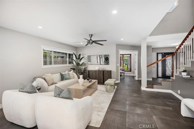 26925 Calle Dolores, Dana Point, CA 92624 - living area featuring recessed lighting, healthy amount of natural light, a ceiling fan, and stairway