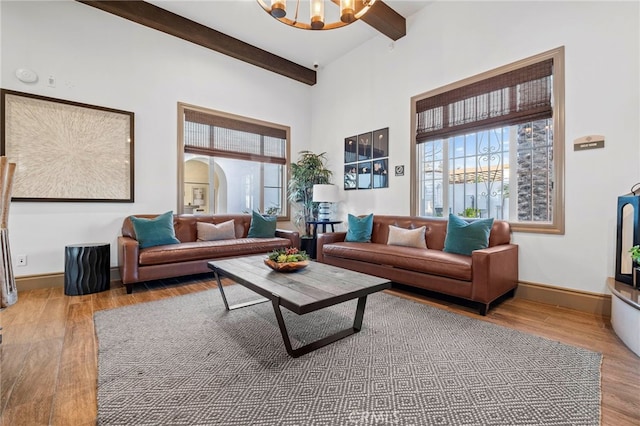 living room with beamed ceiling, baseboards, plenty of natural light, and wood finished floors