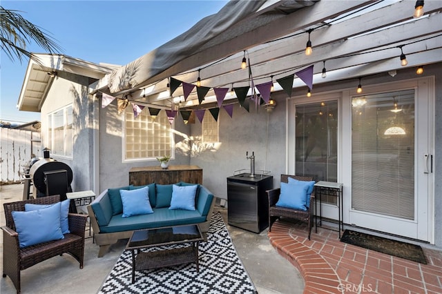 view of patio / terrace with a grill, a pergola, outdoor lounge area, and fence