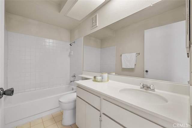 full bath featuring visible vents, toilet, tile patterned flooring, vanity, and washtub / shower combination