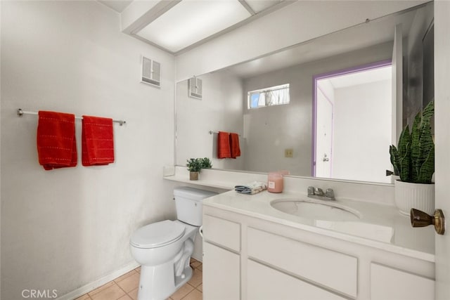 half bathroom featuring visible vents, toilet, tile patterned flooring, and vanity