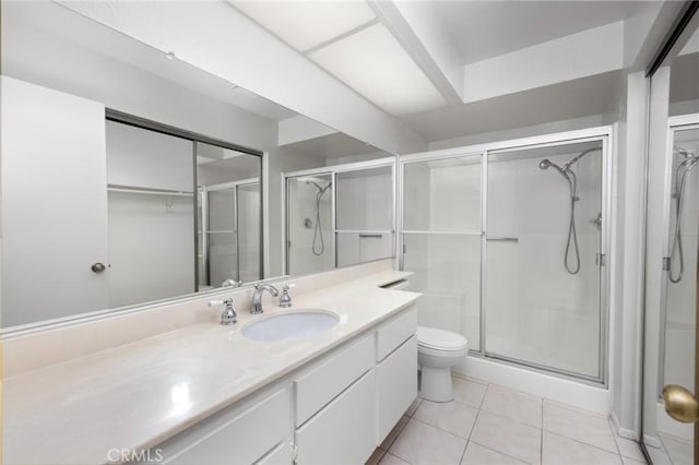 full bath with toilet, a stall shower, tile patterned flooring, and vanity