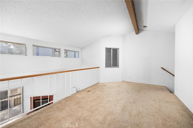 basement featuring carpet flooring and a textured ceiling