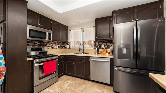 kitchen with a sink, stainless steel appliances, light countertops, and decorative backsplash