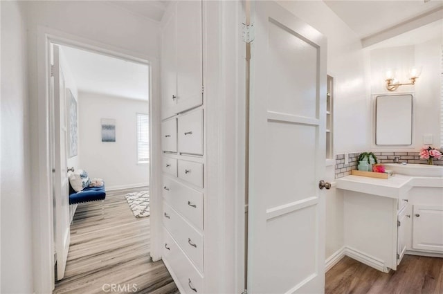 bathroom featuring baseboards, wood finished floors, vanity, and decorative backsplash