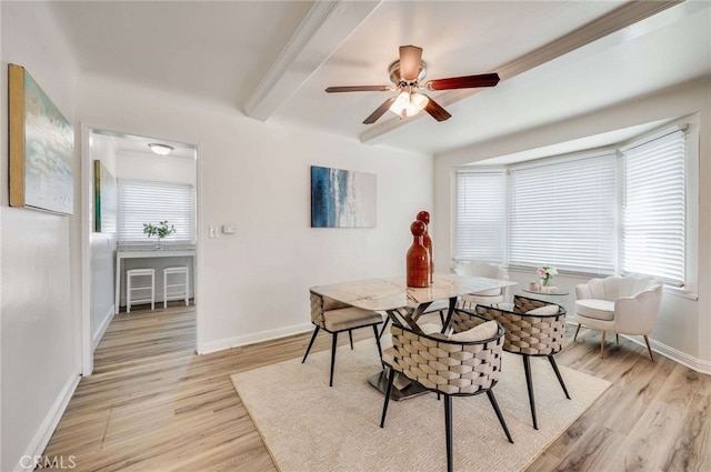 dining area featuring a ceiling fan, beamed ceiling, light wood-style flooring, and baseboards