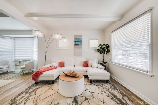 living area with wood finished floors and baseboards