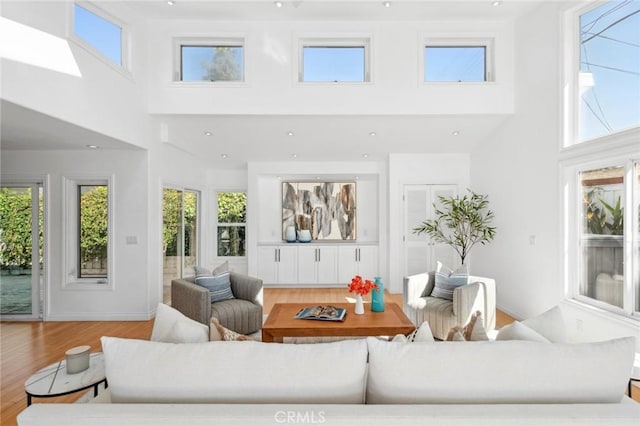 living area with light wood-style flooring, a towering ceiling, and a wealth of natural light