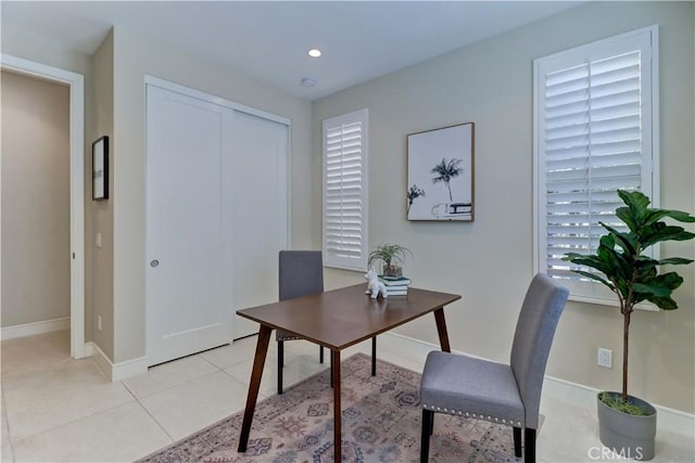 home office with recessed lighting, baseboards, and light tile patterned floors