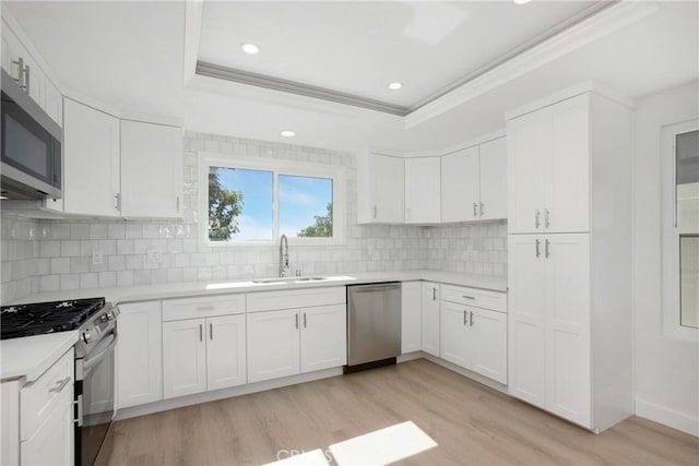 kitchen with a sink, white cabinets, light countertops, appliances with stainless steel finishes, and a raised ceiling