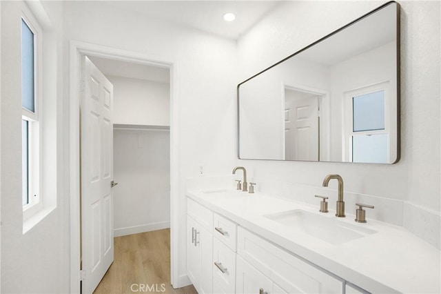 full bath featuring a walk in closet, double vanity, a sink, and wood finished floors