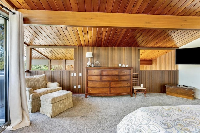 carpeted bedroom with wood ceiling, wooden walls, and beam ceiling