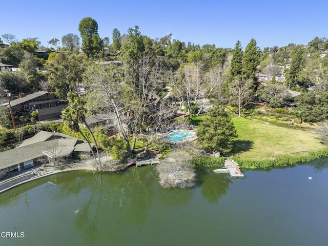 drone / aerial view featuring a water view