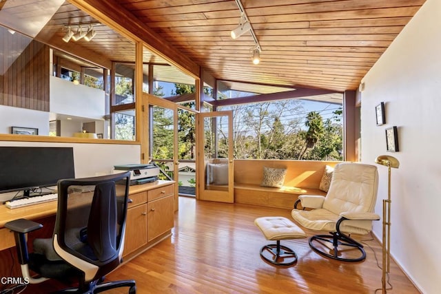 office area with light wood-type flooring, wooden ceiling, vaulted ceiling, and rail lighting