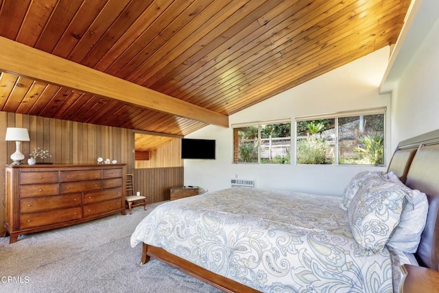 bedroom featuring vaulted ceiling with beams, wooden walls, wooden ceiling, and light colored carpet