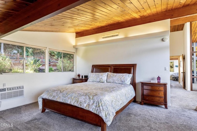 bedroom featuring visible vents, light colored carpet, a wall unit AC, wood ceiling, and vaulted ceiling with beams