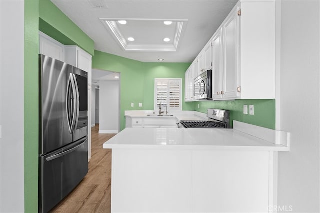 kitchen with white cabinets, appliances with stainless steel finishes, a peninsula, a tray ceiling, and light countertops