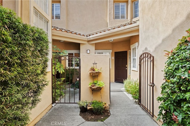 entrance to property featuring a gate, a tiled roof, and stucco siding