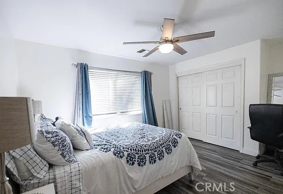 bedroom featuring a closet, visible vents, and ceiling fan