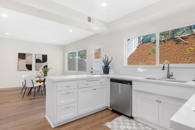 kitchen with a sink, visible vents, white cabinetry, light countertops, and stainless steel dishwasher