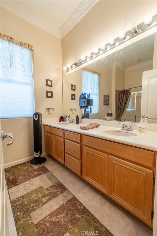 full bathroom with crown molding, a sink, a shower with shower curtain, and double vanity